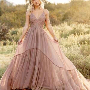 Joyfolie Dusty Rose Lace Maxi Dress